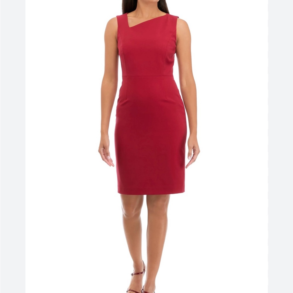 Calvin Klein Red Asymmetrical Neckline Sheath Dress 12 (fits like a 10)
